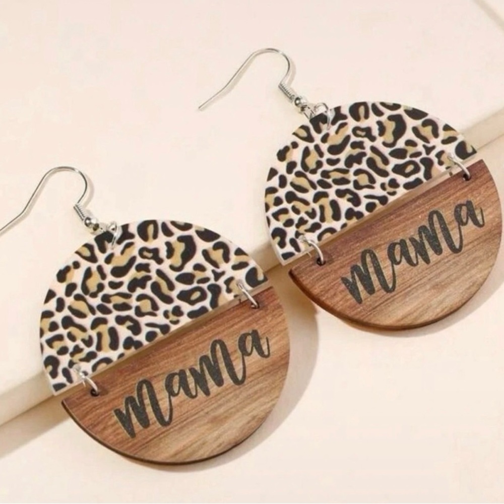 Mama Leopard Print Wood Half-Moon Earrings - Brown & Cream